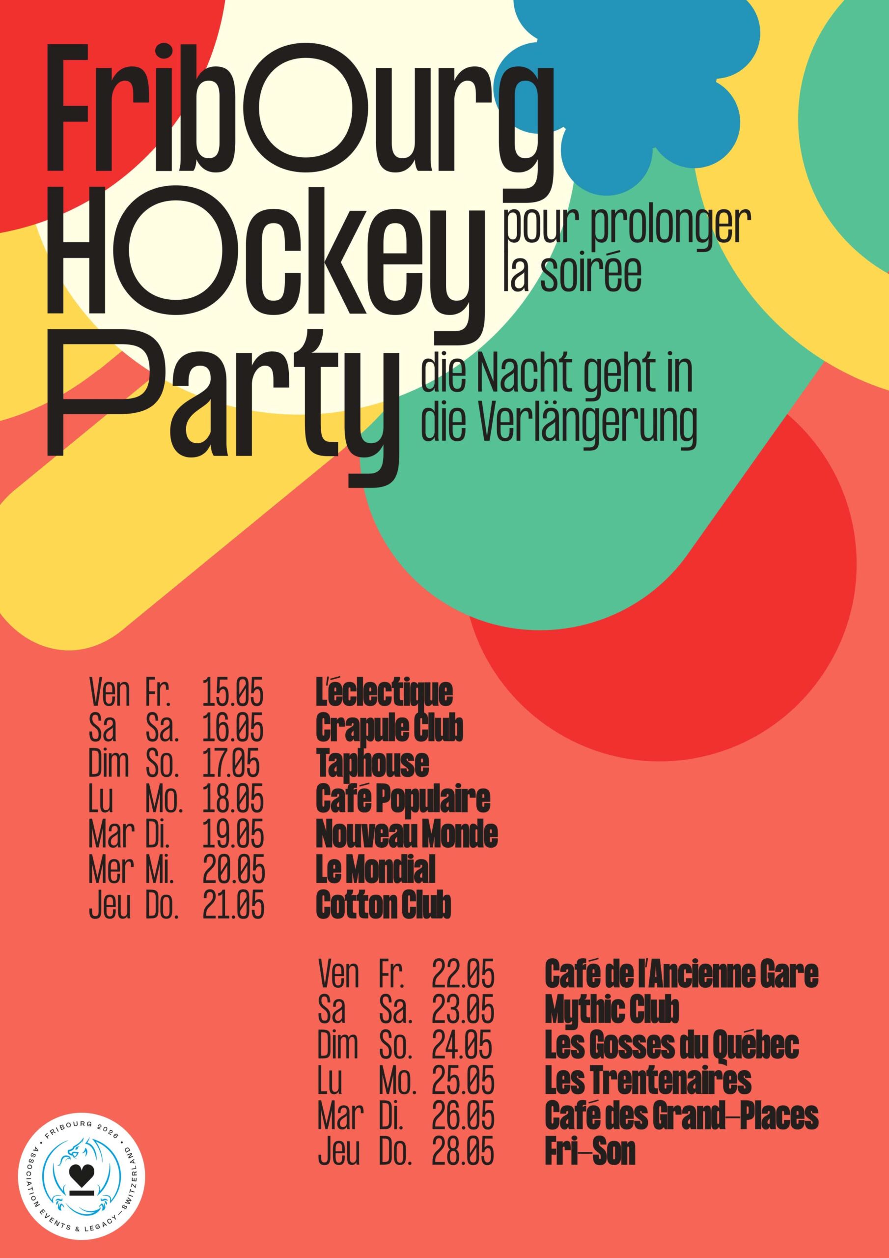 Affiche officielle Fribourg Hockey Party - CM de Hockey sur Glace IIHF 2026 aux Gosses du Québec Fribourg